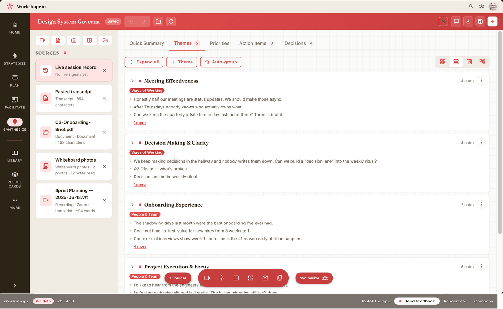 Workshopr Synthesize screen